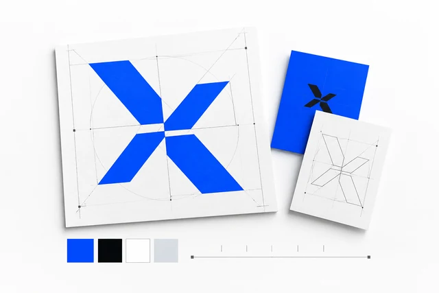 Gestaltungsraster, blaue X-Form und aufeinander abgestimmte Drucksachen